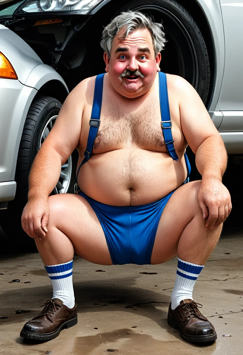 Old Caucasian redneck, round chubby face, no jawline, grey hair, male, fat, chubby, short hair, wearing dirty socks, only wearing socks, leaking cum out of cock, cum everywhere, smelly socks, sweaty, stench coming from socks, stinky socks, grey pubes, furry, tan cow, cum leaking, obese, broken condom, creampie,suspenders, showing off dirty socks,  60 years old, used condom on floor, mechanic, working on car in garage, sitting on ground, dirty socks, moaning face, smelling his own foot, biting lip, hand wrapped around dick