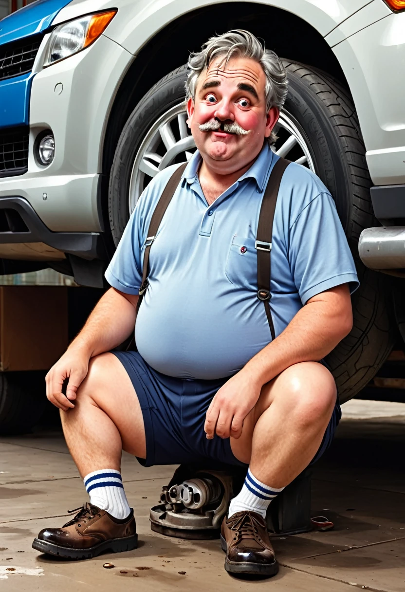 Old Caucasian redneck, round chubby face, no jawline, grey hair, male, fat, chubby, short hair, wearing dirty socks, only wearing socks, leaking cum out of cock, cum everywhere, smelly socks, sweaty, stench coming from socks, stinky socks, grey pubes, furry, tan cow, cum leaking, obese, broken condom, creampie,suspenders, showing off dirty socks,  60 years old, used condom on floor, mechanic, working on car in garage, sitting on ground, dirty socks, moaning face, smelling his own foot, biting lip, hand wrapped around dick