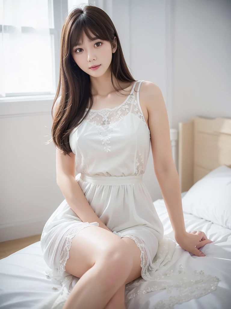 White Room、White floral lace chiffon dress、(Highest quality)、((Very detailed))、4K、(8K)、masterpiece、Very detailedな、Highest quality、Super Resolution、1 person、Kind Face、Soft Light、RAW quality、Soft Skin、163cm、30 years old、Thighs
