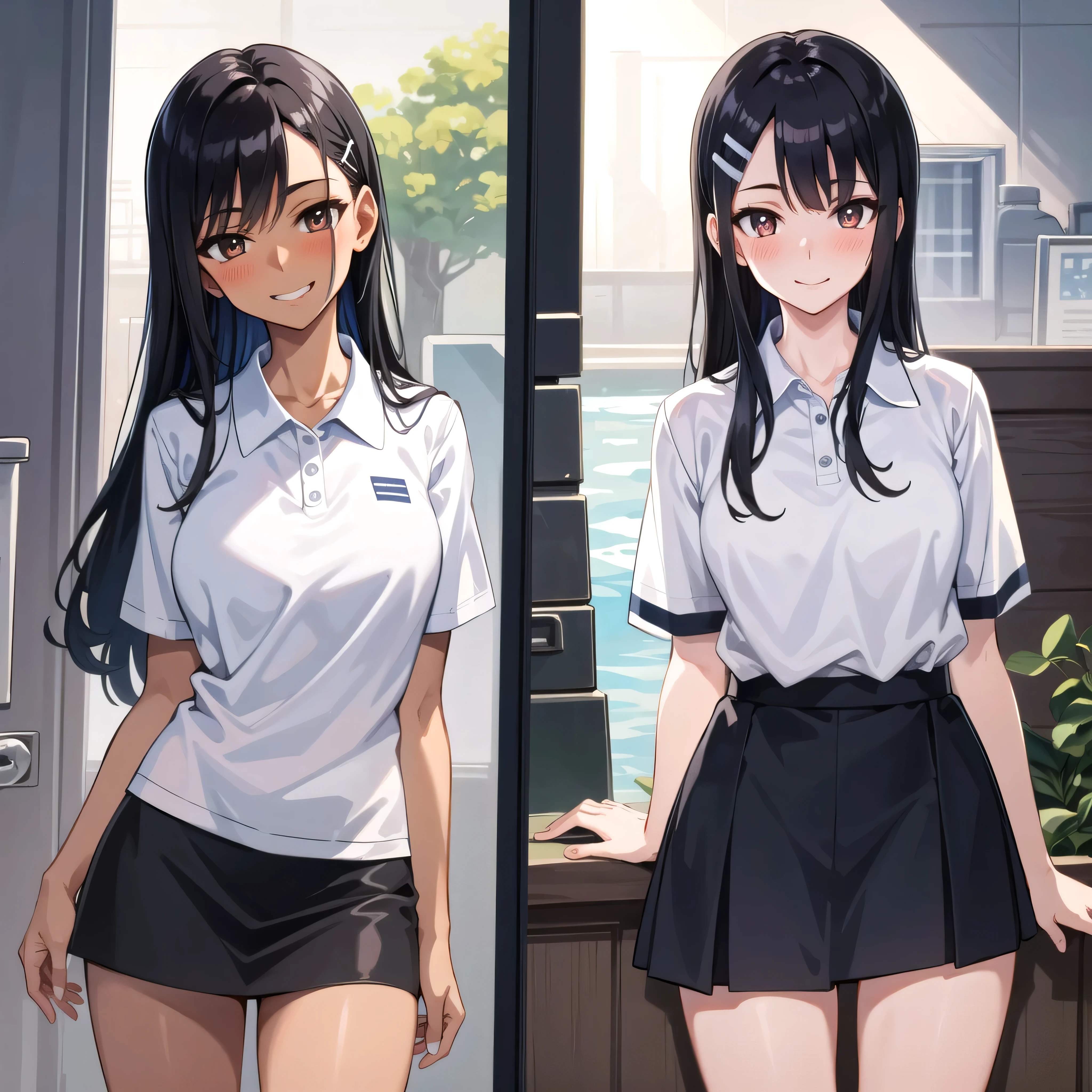 ((best quality)), ((masterpiece)), (details), one girl, sexy ((best quality)), ((masterpiece)), (details), one girl, sexy ((best quality)), ((masterpiece)), (details), one girl, full body, sexy expensive body, expensive, long legs, mature woman, mature, adult, it_nagatoro_main, Hayase Nagatoro, one girl, blushing, alone, uniform polo shirt, short sleeves, black hair,brown eyes, hair accessory, looking at viewer, hair clip, smiling, long hair, dark skinned woman, dark skin, , bangs, daytime, skirt, collared shirt, collarbone, ear clip, mouth closed, tree, asymmetrical bangs, upper body
