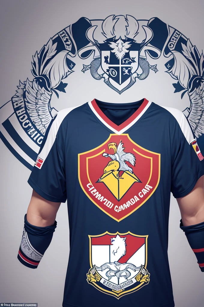 Comando: "Create a crest of our team for the volleyball shirt! Choose the main colors, draw the coat of arms and transfer it to the shirt