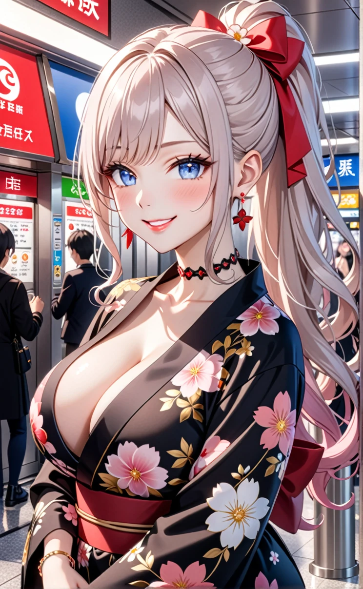 ultra-detailed, ((one girl)), (pale skin:1.4), in pastel colors gyaru, (heavy makeup), (professional lighting) hyper detailed, absurdres, 8K, Beautiful Face, (Laugh shyly), ((teasing smile:1.8)), ((Wink:1.7)), (Laugh with your mouth wide open),((Tilt your face:1.6)), View your viewers, ((Bright red cheeks:1.6)),Glossy Red Lips, ((Big Breasts:1.5)), ((undressing:1.2)), noon, Station ticket gates , ((Anime style background)),masterpiece, Highest quality, so beautiful,Latest, Complex details, (Pink long nails), (nail art), (ring),(bracelet), (Floral Choker),AI-generated, Complex,High resolution, Highest quality, super high quality,3D Images、3D Images,One person,Pastel silver long hair,(High Ponytail), (wavy hair:1.3), Pastel anime woman posing for a photo, ((Fine grain、blue eyes、glowing eyes:1.4)), (Squint your eyes:1.1),a hyperRealistic , hyperRealistic , Realistic,Anime woman with long pastel white hair, Smooth anime CG art, A girl in a gorgeous black kimono, ((Black long-sleeved kimono)),(Pink large floral pattern), Golden embroidery, Long flower hair ornament,Floral Earrings,japanese pouchを手に持つ,Mature Body, tall,Narrow waist, ((from side:1.2)),