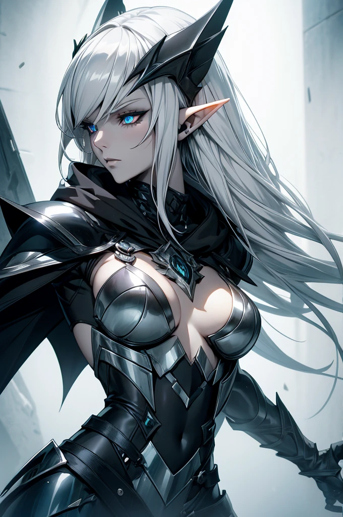 female elf necromancer, silver hair, white skin, sinister black hooded cape, emereald eyes, leather armor, completely full body art, pointy ears, two-handed schyte weapon