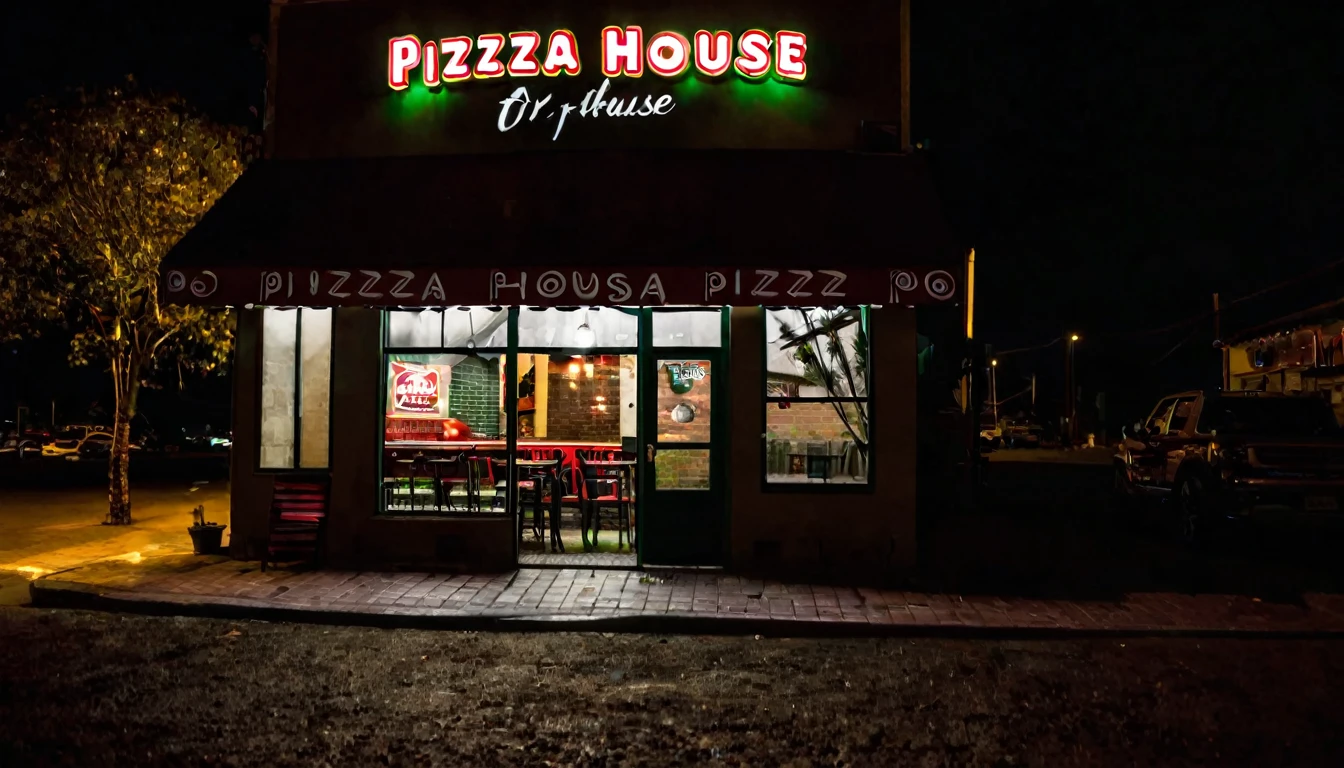 first person view, facade of the pizza house, dark night, no people in the place