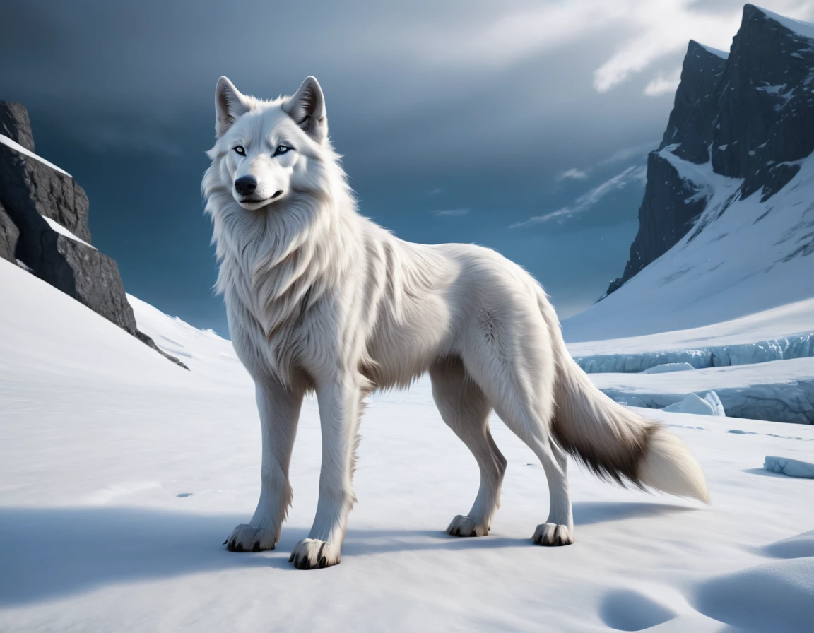 full body portrait of a tall snow all white wolf, himalayan wolf, silken windhound hybrid beast, long tail, mysterious arctic scenery, fantasy, dark fantasy, full body, cinematic, render, 8k, unreal engine, realistic, masterpiece, high detail, full body, low life, volumetric lighting