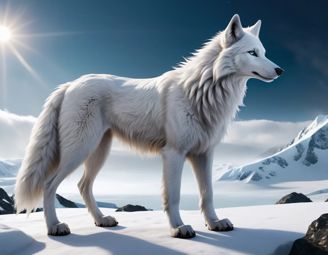 full body portrait of a tall snow all white wolf, himalayan wolf, silken windhound hybrid beast, long tail, mysterious arctic scenery, fantasy, dark fantasy, full body, cinematic, render, 8k, unreal engine, realistic, masterpiece, high detail, full body, low life, volumetric lighting