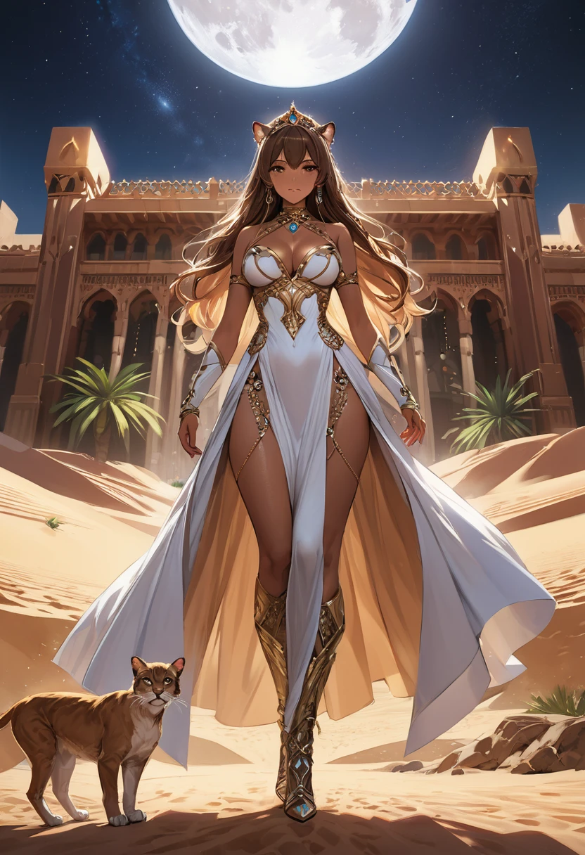 Arafed digital painting of a desert princess BREAK and her pet cougar in her palace high details, best quality, 16k, f a female human princess and her pet cougar, princess of the desert, full body, ((anatomically correct: 1.5)) ((standing: 1.5)) proudly royalty demeanor, a woman, (best detailed face: 1.5), Ultra Detailed face, ((human ears: 1.3)), wearing royal desert dress, decorated with gems, wearing princess tiara, small cleavage, thigh high intricate leather high heeled boot, thick hair, long hair, brown hair, tan skin intense brown eyes, her epic desert (cougar : 1.3) lying at her feet, guarding her, an epic fantasy desert palace in an oasis in the background (intricate details, Masterpiece, best quality: 1.5) night, moon light, stars ,Wide-Angle, award winning, best quality, high quality, high details, highres, vibrant, Ultra-high resolution, High Contrast, (masterpiece:1.5), highest quality, Best aesthetics, best details, best quality, highres, ultra wide angle, 16k, [ultra detailed], masterpiece, best quality, chumbasket art style, Cinematic Hollywood Film, 