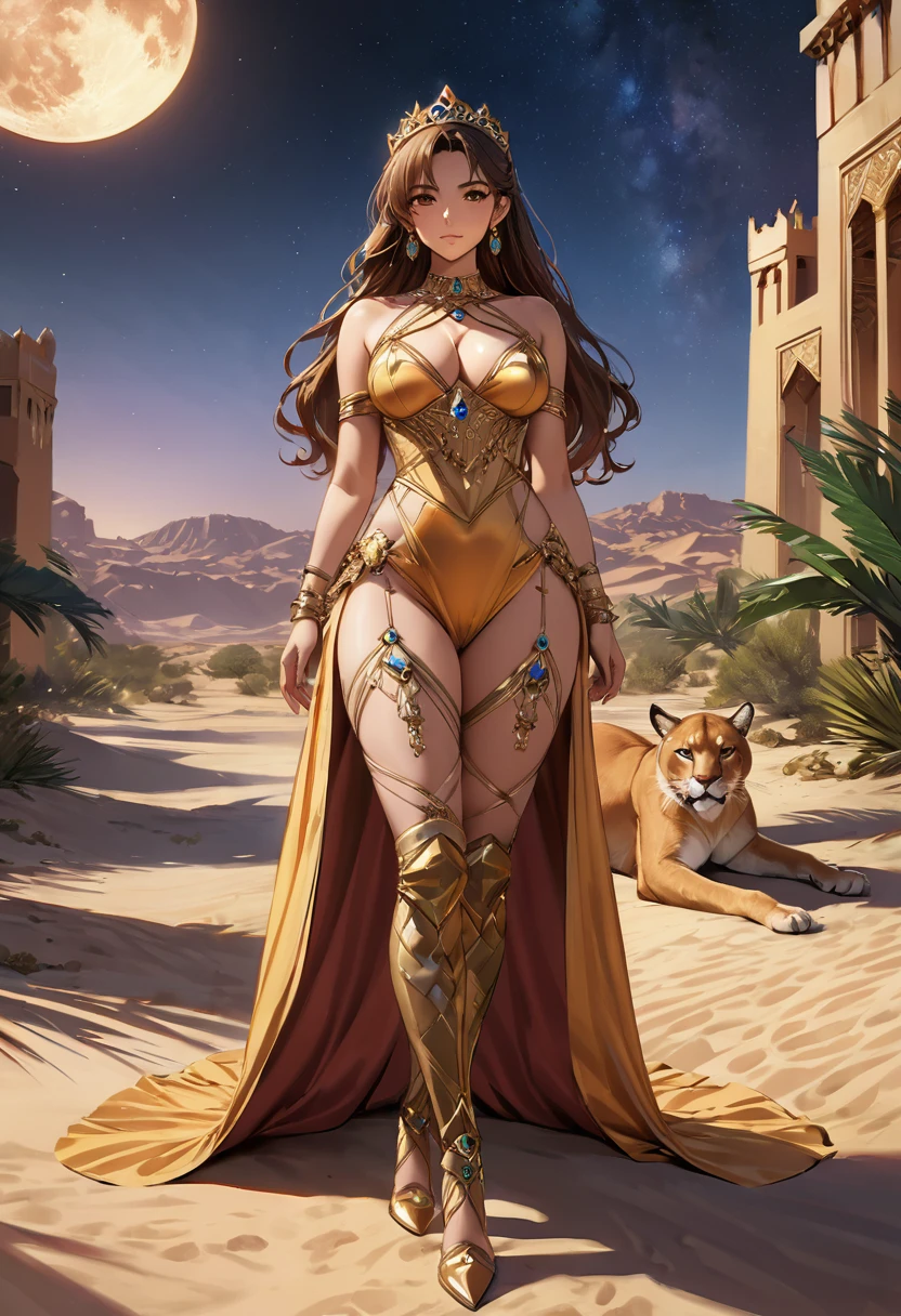 Arafed digital painting of a desert princess BREAK and her pet cougar in her palace high details, best quality, 16k, f a female human princess and her pet cougar, princess of the desert, full body, ((anatomically correct: 1.5)) ((standing: 1.5)) proudly royalty demeanor, a woman, (best detailed face: 1.5), Ultra Detailed face, ((human ears: 1.3)), wearing royal desert dress, decorated with gems, wearing princess tiara, small , thigh high intricate leather high heeled boot, thick hair, long hair, brown hair, tan skin intense brown eyes, her epic desert (cougar : 1.3) lying at her feet, guarding her, an epic fantasy desert palace in an oasis in the background (intricate details, Masterpiece, best quality: 1.5) night, moon light, stars ,Wide-Angle, award winning, best quality, high quality, high details, highres, vibrant, Ultra-high resolution, High Contrast, (masterpiece:1.5), highest quality, Best aesthetics, best details, best quality, highres, ultra wide angle, 16k, [ultra detailed], masterpiece, best quality, chumbasket art style, Cinematic Hollywood Film, 