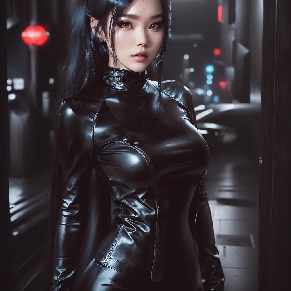 Woman in black leather dress posing for photo, Super villain IU Lee Ji-eun, Captivating portrait of Tifa Lockhart, Wearing Atsuko Kudo&#39;s latex costume, Photos of women in techwear, BoobsCyberpunk, Dressed in black leather clothes, Wearing a black latex outfit, wearing black tight clothes, 8k art germany bokeh、Mouth open、
