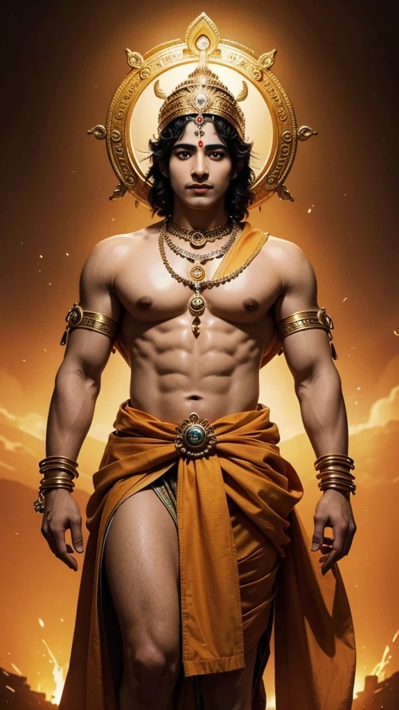Based on Hindu Mythology, Sanatan Dharm, The Great Lord Shri Krishna from most ancient times of Mahabharat, Mega War Scene, Total Havoc, Insane destruction, Lord Krishna standing tall and heavenly creates different among all, with most auspicious and influencing and dominating personality, Controlling the chariotte, Complete divine presence, verygood quality very realistic 4k depiction, krishna as Saviour,Krishna as God, Hindu God, Real God, Most Powerful God
