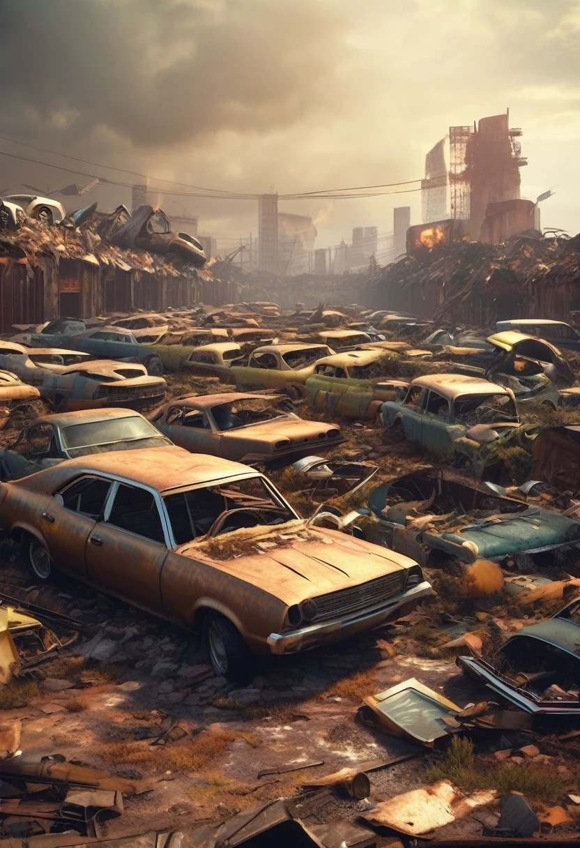 There are many cars neatly arranged in the junkyard.,A UFO sneaked in(ruined city,Streets were destroyed,The City of Doom,Fragments,wasteland,desolate,profligate,Overgrown,deteriorating,3D Style)