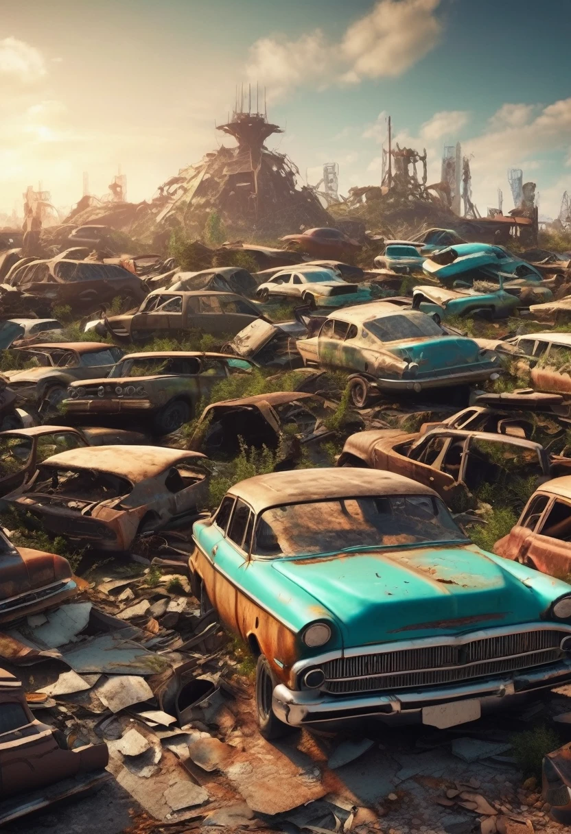 There are many cars neatly arranged in the junkyard.，A UFO sneaked in(ruined city,Streets were destroyed,The City of Doom,Fragments,wasteland,desolate,profligate,Overgrown,deteriorating,3D Style)