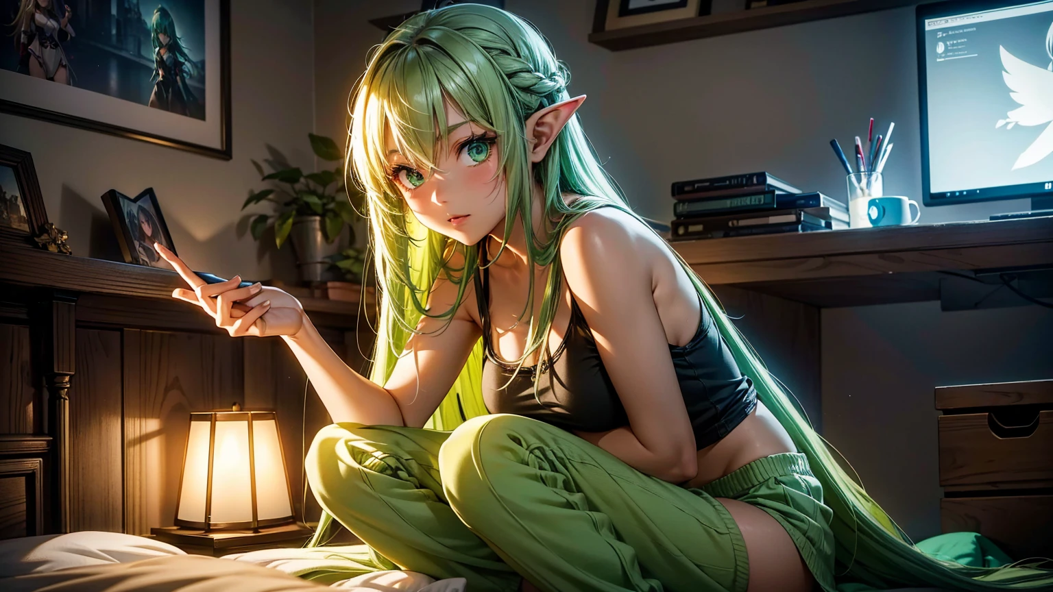 Create a high-quality, detailed image of a beautiful anime goblin girl with light green skin, HER SKIN COLOR IS GREEN, and long hair, sitting at her gaming PC in her bedroom. She is wearing a see-through tank top, along with sleep shorts that reveal her midriff and highlight her stunning curves. The warm, inviting scene includes soft ambient lighting and comfortable seating. The bedroom is illuminated by a small lamp, creating a serene and intimate atmosphere. Ensure the room has cozy elements like a bed with plush pillows and blankets, posters on the walls, and a few gaming accessories scattered around to enhance the ambiance. The goblin girl is relaxed, immersed in her gaming setup, which adds a playful and comfortable vibe to the scene.