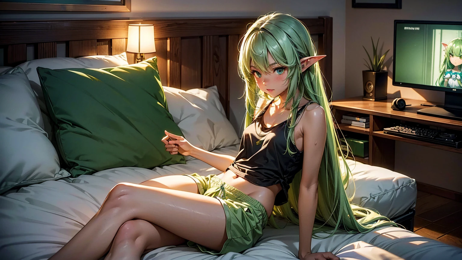 Create a high-quality, detailed image of a beautiful anime goblin girl with light green skin, HER SKIN COLOR IS GREEN, and long hair, sitting at her gaming PC in her bedroom. She is wearing a see-through tank top, along with sleep shorts that reveal her midriff and highlight her stunning curves. The warm, inviting scene includes soft ambient lighting and comfortable seating. The bedroom is illuminated by a small lamp, creating a serene and intimate atmosphere. Ensure the room has cozy elements like a bed with plush pillows and blankets, posters on the walls, and a few gaming accessories tered around to enhance the ambiance. The goblin girl is relaxed, immersed in her gaming setup, which adds a playful and comfortable vibe to the scene.