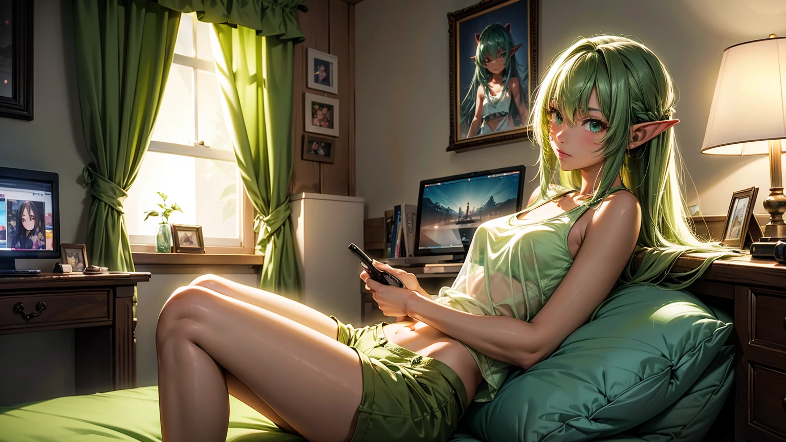 Create a high-quality, detailed image of a beautiful anime goblin girl with light green skin, HER SKIN COLOR IS GREEN, and long hair, sitting at her gaming PC in her bedroom. She is wearing a see-through tank top, along with sleep shorts that reveal her midriff and highlight her stunning curves. The warm, inviting scene includes soft ambient lighting and comfortable seating. The bedroom is illuminated by a small lamp, creating a serene and intimate atmosphere. Ensure the room has cozy elements like a bed with plush pillows and blankets, posters on the walls, and a few gaming accessories scattered around to enhance the ambiance. The goblin girl is relaxed, immersed in her gaming setup, which adds a playful and comfortable vibe to the scene.