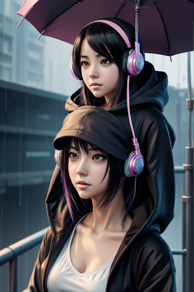 Anime girl with headphones in the rain, anime style 4 k, artwork in the style of guweiz, Beautiful Anime Portrait, digital anime illustration, digital anime art, Anime style. 8K, Portrait Anime Girl, ArtGerm. Anime Illustration, anime art wallpaper 4k, anime art wallpaper 4k, Detailed Digital Anime Art, cyberpunk anime girl in hoodie
