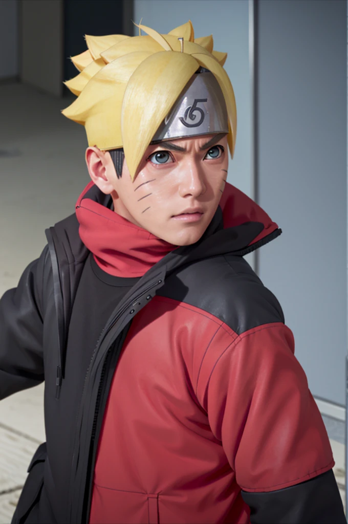 boruto, Closed wallistic appearance. Inspired by Naruto Uzumaki from Naruto, photograph (photographrealism) (Realistic) (Ultra HD) (8K Wallpaper) (The finer details) (Extreme details of the face)