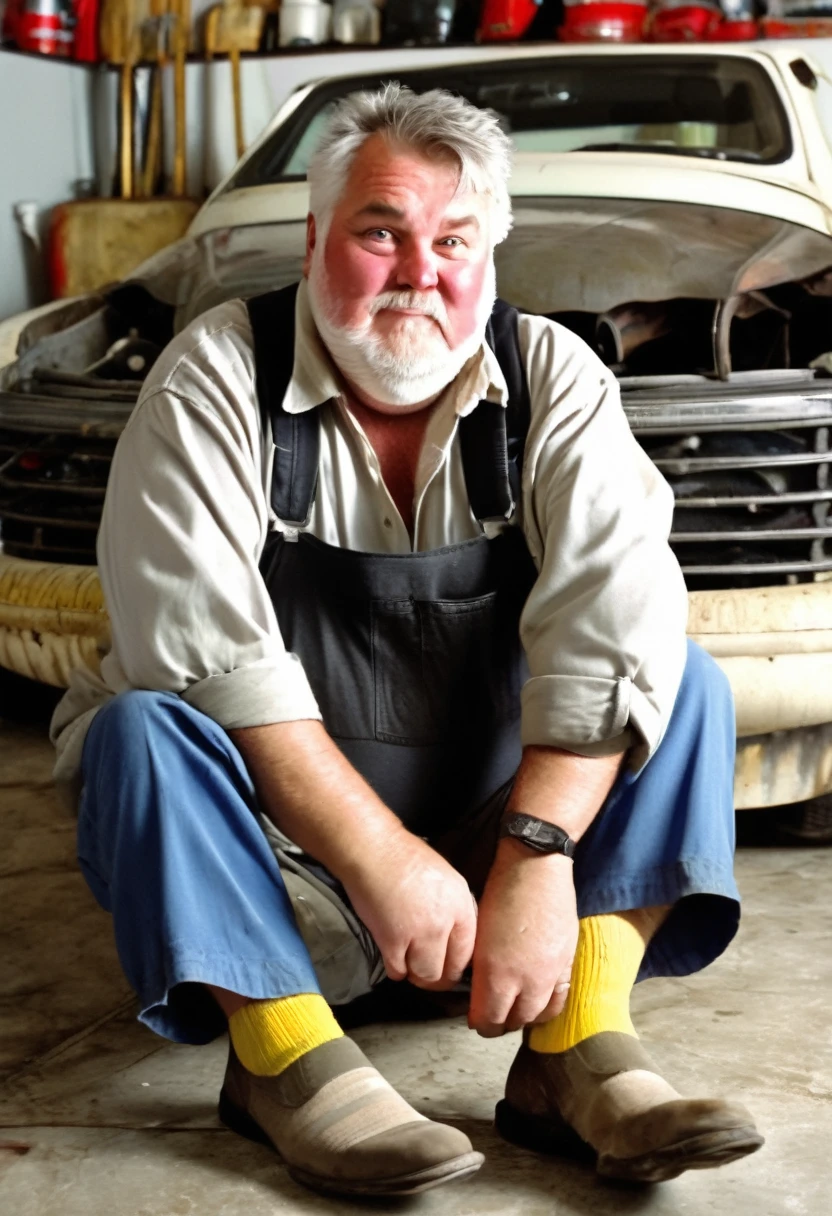 Old Caucasian redneck, round chubby face, no jawline, grey hair, male, fat, chubby, short hair, wearing dirty socks, only wearing socks, leaking cum out of cock, cum everywhere, smelly socks, sweaty, stench coming from socks, stinky socks, grey pubes, furry, tan cow, cum leaking, obese, broken condom, creampie,suspenders, showing off dirty socks, 60 years old, used condom on floor, mechanic, working on car in garage, sitting on ground, dirty white socks, moaning face, smelling his own foot, biting lip, hand wrapped around dick