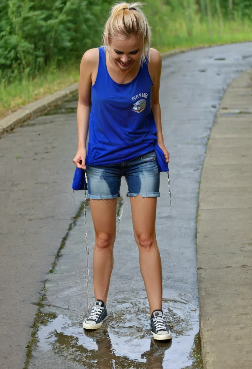 blonde woman, blue eyes, inviting smile, distressed skinny jeans, converse chuck sneakers, tank top, peeing shorts, pee runs down legs into sneakers, pee puddles around sneakers, pee stains are gleaming wet, sneakers are soaking wet