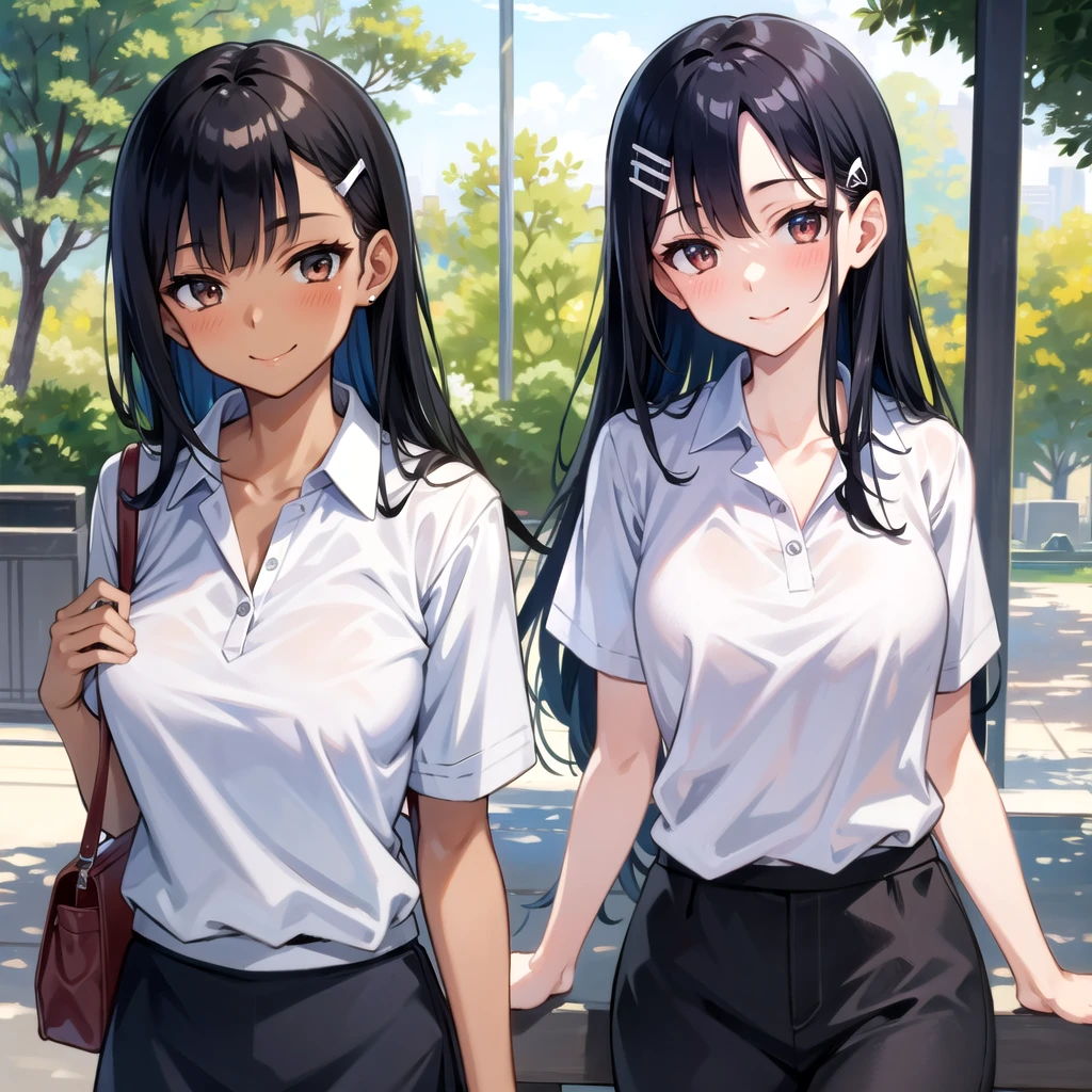 ((best quality)), ((masterpiece)), (details), one girl, sexy ((best quality)), ((masterpiece)), (details), one girl, sexy ((best quality)), ((masterpiece)), (details), one girl, full body, sexy expensive body, expensive, long legs, mature woman, mature, adult, it_nagatoro_main, Hayase Nagatoro, one girl, blushing, alone, uniform polo shirt, short sleeves, black hair,brown eyes, hair accessory, looking at viewer, hair clip, smiling, long hair, dark skinned woman, dark skin, , bangs, daytime, skirt, collared shirt, collarbone, ear clip, mouth closed, tree, asymmetrical bangs, upper body