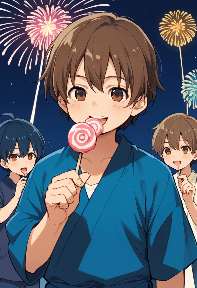 anime, 一peopleの***, Handa Shinichi, Brown Hair, Brown eyes, stop temporarily,cotton candy (background, ・色とりどりの花火が夏祭り会場のColor the night sky. ・Fireworks soar high into the sky、Color the night sky. ・The summer festival scene is depicted with a focus on boys.. ● Stalls and stalls are lined up, そしてpeople々seems to be enjoying. ), (people, A man wearing a yukata stands under fireworks. Late teens to early twenties, -A man has a huge piece of cotton candy in her hand. ), (Four fingers and thumb:1.3), (cotton candy, ・((The man is holding her face size over cotton candy:1.3), (massive size cotton candy:1.5)). ・cotton candyは真っ白でふわふわ, It smells sweet when you put it in your mouth. ), Open your mouth:1.25, (expression, ・The man is eating cotton candy with relish. The boy has a smile of satisfaction on his face.. ),