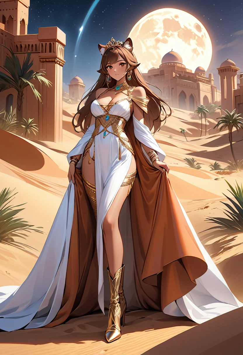 Arafed digital painting of a desert princess BREAK and her pet cougar in her palace high details, best quality, 16k, f a female human princess and her pet cougar, princess of the desert, full body, ((anatomically correct: 1.5)) ((standing: 1.5)) proudly royalty demeanor, a woman, (best detailed face: 1.5), Ultra Detailed face, ((human ears: 1.3)), wearing royal desert dress, decorated with gems, wearing princess tiara, small cleavage, thigh high intricate leather high heeled boot, thick hair, long hair, brown hair, tan skin intense brown eyes, her epic desert (cougar : 1.3) lying at her feet, guarding her, an epic fantasy desert palace in an oasis in the background (intricate details, Masterpiece, best quality: 1.5) night, moon light, stars ,Wide-Angle, award winning, best quality, high quality, high details, highres, vibrant, Ultra-high resolution, High Contrast, (masterpiece:1.5), highest quality, Best aesthetics, best details, best quality, highres, ultra wide angle, 16k, [ultra detailed], masterpiece, best quality, chumbasket art style, Cinematic Hollywood Film, 