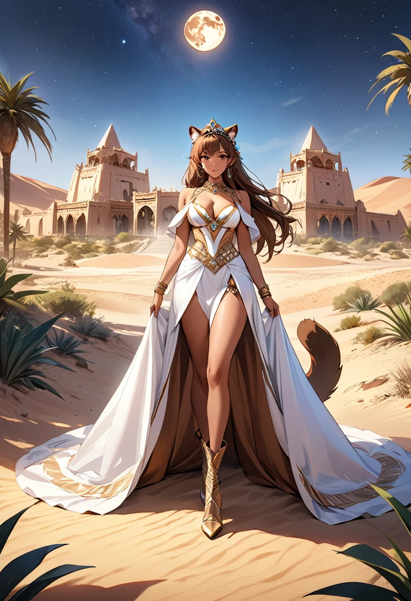 Arafed digital painting of a desert princess BREAK and her pet cougar in her palace high details, best quality, 16k, f a female human princess and her pet cougar, princess of the desert, full body, ((anatomically correct: 1.5)) ((standing: 1.5)) proudly royalty demeanor, a woman, (best detailed face: 1.5), Ultra Detailed face, ((human ears: 1.3)), wearing royal desert dress, decorated with gems, wearing princess tiara, small cleavage, thigh high intricate leather high heeled boot, thick hair, long hair, brown hair, tan skin intense brown eyes, her epic desert (cougar : 1.3) lying at her feet, guarding her, an epic fantasy desert palace in an oasis in the background (intricate details, Masterpiece, best quality: 1.5) night, moon light, stars ,Wide-Angle, award winning, best quality, high quality, high details, highres, vibrant, Ultra-high resolution, High Contrast, (masterpiece:1.5), highest quality, Best aesthetics, best details, best quality, highres, ultra wide angle, 16k, [ultra detailed], masterpiece, best quality, chumbasket art style, Cinematic Hollywood Film, 