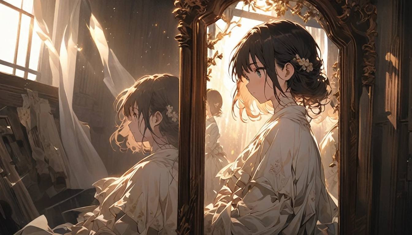 A melancholic anime girl standing in a softly lit room, facing a tall mirror that reflects a shattered image, symbolizing broken dreams and unfulfilled expectations. The room is cozy with personal items scattered around, indicating a once cherished relationship. A window lets in the soft light of a setting sun, casting long shadows and a warm glow, symbolizing the passage of time and fading hopes. The girl's posture is slightly slumped, conveying her emotional struggle. She holds a photo of someone she once admired, realizing the truth about them. The atmosphere is filled with sadness and realization, but also a hint of strength as she begins to accept reality and move on. The lighting enhances her reflective mood, with shadows accentuating the depth of her emotions. Use soft, warm colors for the lighting and a detailed anime art style