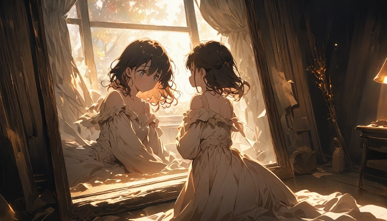 A melancholic anime girl standing in a softly lit room, facing a tall mirror that reflects a shattered image, symbolizing broken dreams and unfulfilled expectations. The room is cozy with personal items scattered around, indicating a once cherished relationship. A window lets in the soft light of a setting sun, casting long shadows and a warm glow, symbolizing the passage of time and fading hopes. The girl's posture is slightly slumped, conveying her emotional struggle. She holds a photo of someone she once admired, realizing the truth about them. The atmosphere is filled with sadness and realization, but also a hint of strength as she begins to accept reality and move on. The lighting enhances her reflective mood, with shadows accentuating the depth of her emotions. Use soft, warm colors for the lighting and a detailed anime art style