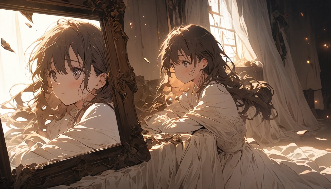 A melancholic anime girl standing in a softly lit room, facing a tall mirror that reflects a shattered image, symbolizing broken dreams and unfulfilled expectations. The room is cozy with personal items scattered around, indicating a once cherished relationship. A window lets in the soft light of a setting sun, casting long shadows and a warm glow, symbolizing the passage of time and fading hopes. The girl's posture is slightly slumped, conveying her emotional struggle. She holds a photo of someone she once admired, realizing the truth about them. The atmosphere is filled with sadness and realization, but also a hint of strength as she begins to accept reality and move on. The lighting enhances her reflective mood, with shadows accentuating the depth of her emotions. Use soft, warm colors for the lighting and a detailed anime art style