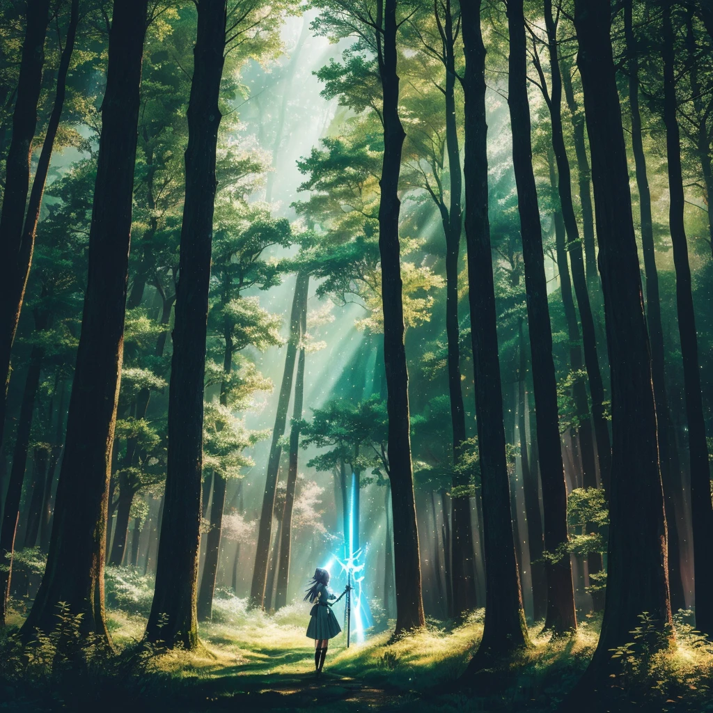 anime girl in a forest with a sword and a shining light, 4k anime art wallpaper, 4K anime art wallpaper, anime lush john 8k woods, 8K anime art wallpaper, magic forest in the background, cyberpunk forest, magic forest, in a magic forest, anime wallpaper 4k, anime wallpaper 4k, anime wallpaper 4k, bright forest