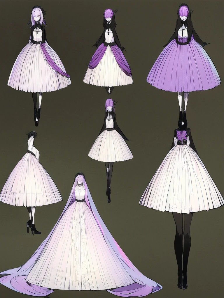 sketch (Character design sheet, same characters, whole body, Three-View, front, ~ ~ ~ side, return),(Very bright:1.1), White Background, [1 Girl:7], (Tilt your head:1.2), ([sketch|watercolor \(Moderate\)]:1.15),full body, Full bangs,(Full bangs, Straight bangs, The bangs are aligned diagonally), Gradient braided hair, (Light purple hair), (Ink blotches:1.1), (pale:1.2),(Light purple:1.2),(Light green:1.2)　and full body, Artistic elements add depth to the work. The overall atmosphere is creepy and nightmarish..., With a unique artistic touch. This movie is、The dark and crazy world of horror movies depicted in HD., Evoke visual stimuli and aesthetic sense, It will terrify and excite the audience....,watercolor画, （Lightless, Eyes without highlights, Evil Eye, A bad looking person with white eyes, It&#39;s a red eyeliner）,whole body絵, Wearing a maid outfit and （Mature face,tall, Wearing black tights,Green Eyes, The skin is hidden　and maid, The background is a dark and desolate landscape, Horror movie atmosphere. Her figure is extremely beautiful, Emphasizing the dark and crazy elements. Skillfully expressing the effects of light and shadow, detailed, The face and expression of the black costume are also carefully drawn.