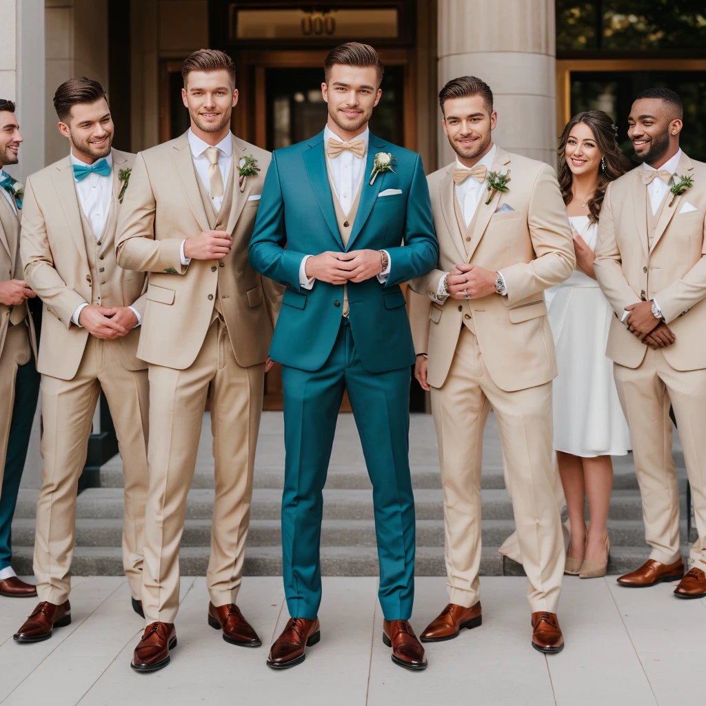 masterpiece, best quality, raw photo, bride and groom men in white suit and brown shoes in front of a building, wearing beige suit, all the people are wearing suit, beige suit and bow tie, men, wearing a beige tuxedo, wearing a suit, wearing beige suit, groom, beige suit, well dressed, wearing beige suit, beige suit, wearing a stylish men's suit, teal suit, a close-up of a man in a suit standing in front of a group of men, groom , 💕 🎀, wearing beige suit, all the people are wearing suits, beige suit, tall handsome guys, gray-haired men, by Austin English, green suit and bow tie, handsome man, by Ke Jiusi, cool looking, neutral tones, photorealistic , I'm Stil da Panasonic Lumix S Pro 50mm F/1.4, Hellbeige und dunkles Azurblau, Mashups for Celebrity Pictures, Sanfter Realismus, Barbiecore, Unreal Engine 5, 32k UHD, Leuchtkraft, Schweizer Realismus, Niji 5, face ultra ultra super 8k hd