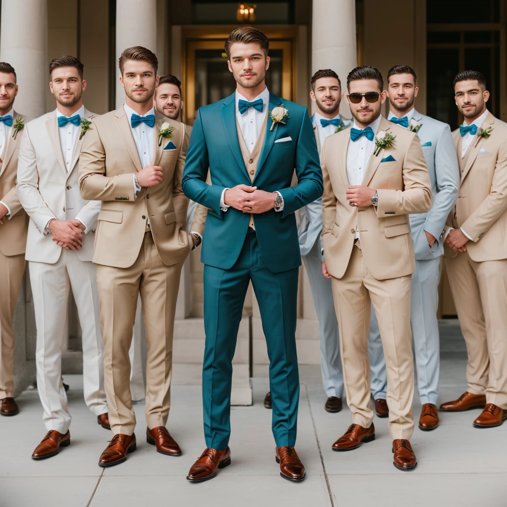 masterpiece, best quality, raw photo, bride and groom men in white suit and brown shoes in front of a building, wearing beige suit, all the people are wearing suit, beige suit and bow tie, men, wearing a beige tuxedo, wearing a suit, wearing beige suit, groom, beige suit, well dressed, wearing beige suit, beige suit, wearing a stylish men's suit, teal suit, a close-up of a man in a suit standing in front of a group of men, groom , 💕 🎀, wearing beige suit, all the people are wearing suits, beige suit, tall handsome guys, gray-haired men, by Austin English, green suit and bow tie, handsome man, by Ke Jiusi, cool looking, neutral tones, photorealistic , I'm Stil da Panasonic Lumix S Pro 50mm F/1.4, Hellbeige und dunkles Azurblau, Mashups for Celebrity Pictures, Sanfter Realismus, Barbiecore, Unreal Engine 5, 32k UHD, Leuchtkraft, Schweizer Realismus, Niji 5, face ultra ultra super 8k hd