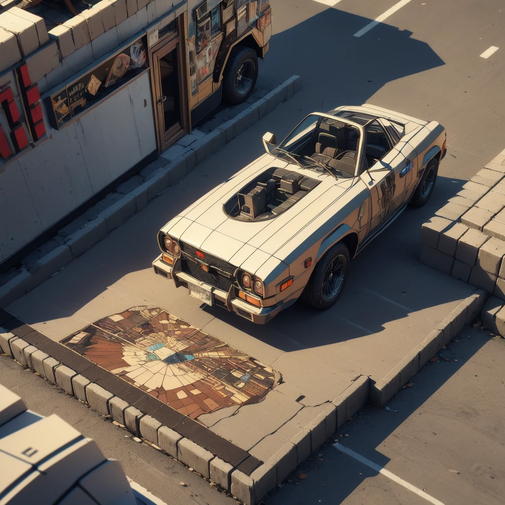 (Isometric Art:1.5)，(high quality，Masterpiece，Octane Rendering，Ray Tracing，Extremely detailed，3d，8K:1.5) ，The art of math，Street entrance，Coffee Shop，car，