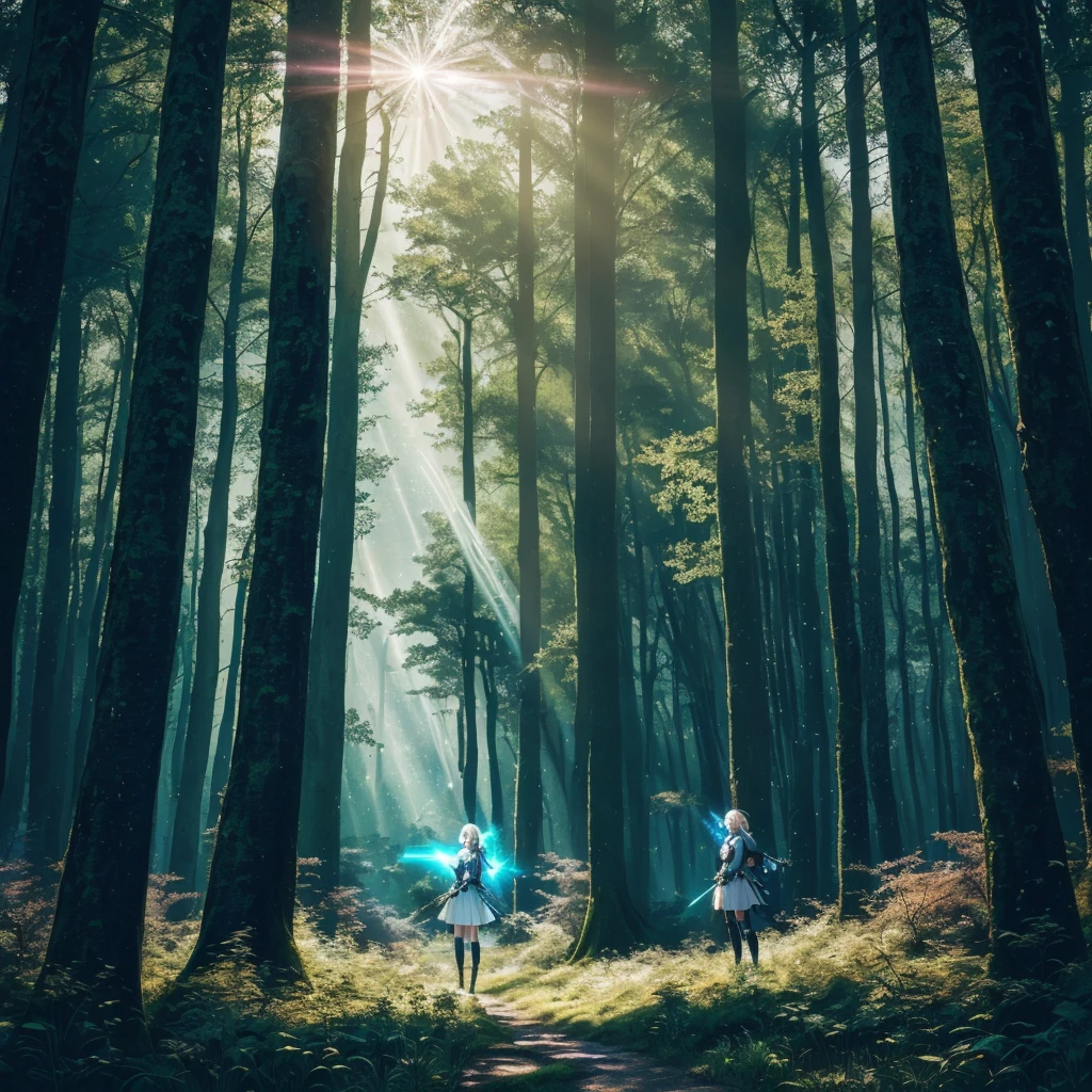 anime girl in a forest with a sword and a shining light, 4k anime art wallpaper, 4K anime art wallpaper, anime lush john 8k woods, 8K anime art wallpaper, magic forest in the background, cyberpunk forest, magic forest, in a magic forest, anime wallpaper 4k, anime wallpaper 4k, anime wallpaper 4k, bright forest