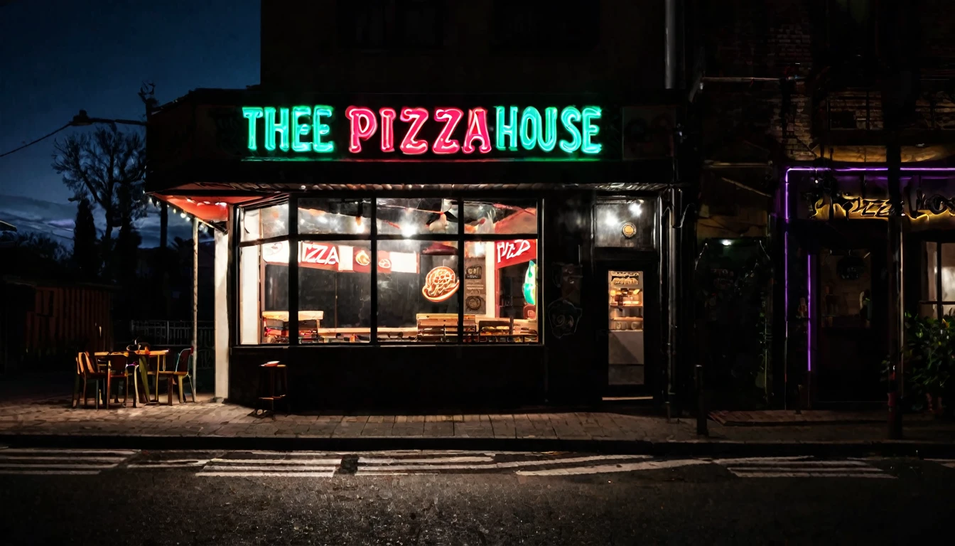 first person view, facade of the pizza house, dark night, no people in the place
