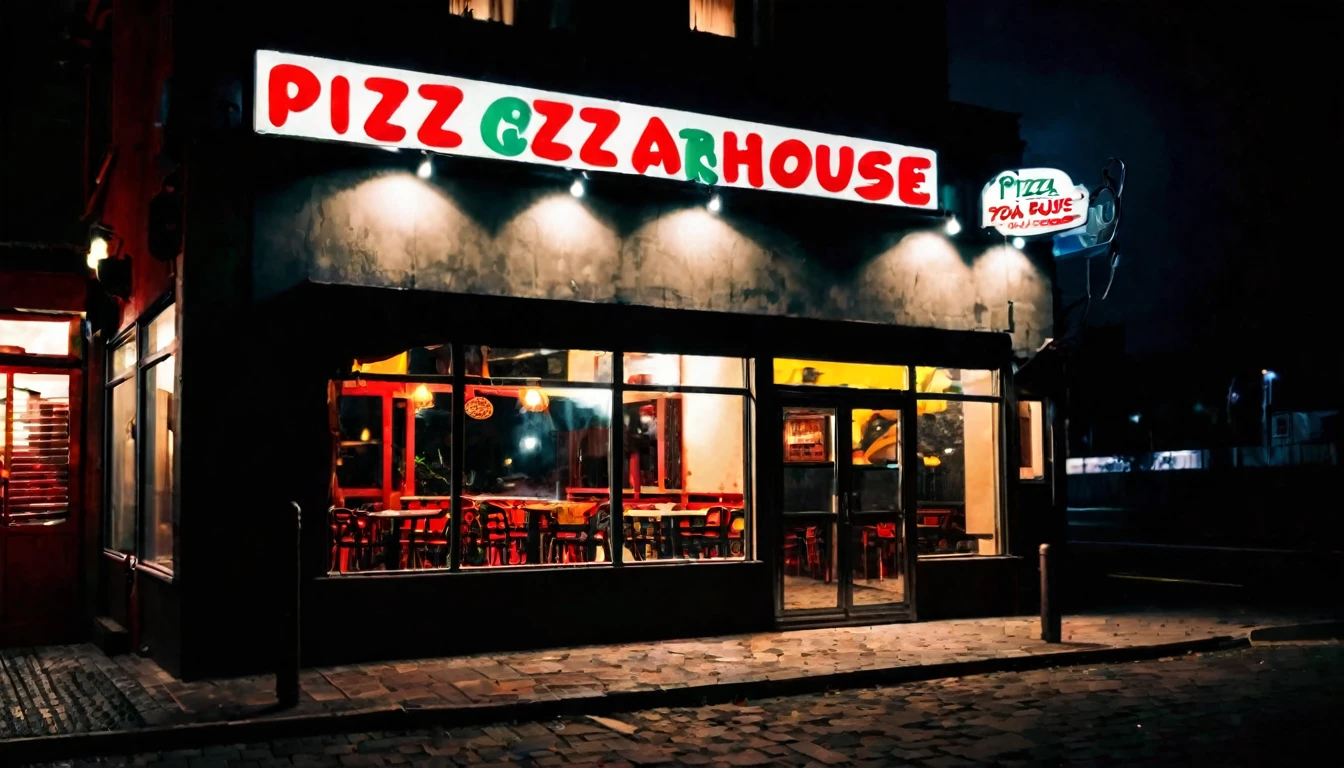 first person view, facade of the pizza house, dark night, no people in the place