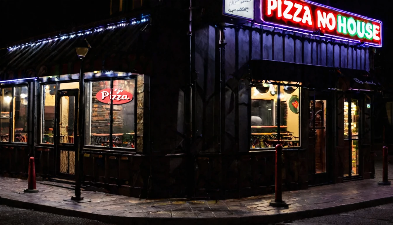 first person view, facade of the pizza house, dark night, no people in the place