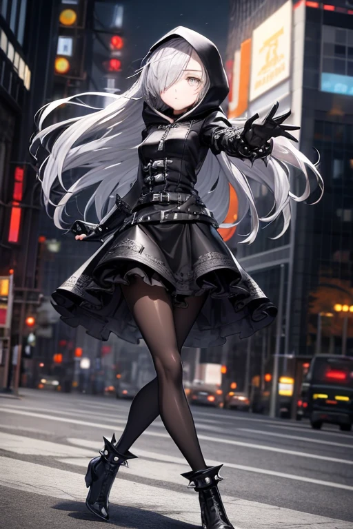 ((best quality)), ((masterpiece)), (detailed), 1 girl, Full body, 18 years old, Depressed face, Silver eyes, One eye, Outstretched arms, Covered eyes, Silver hair, Long hair, Spiky hair, Bangs, Strand of hair covering her eye, Full body, Tall, Athletic, Small breasts, Slim, Gray zippered hood, Metal spikes, Gray wristbands, Long black spiked gloves, Gray gothic lolita dress, Gray dress with metal spikes, Metal emblem, Tight fit, Black belt, Black pantyhose, Black boots, Walking through the city, Metal spikes coming out of the highway, City background, Gray clothes, Superhero, Anime, Plush rabbit in her arms