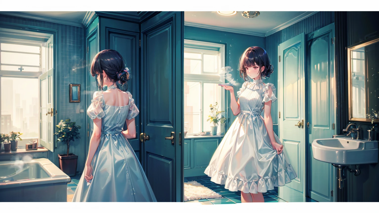 Depict a scene of a beautiful woman, Misaki, standing in front of a bathroom mirror. Misaki is wearing a transparent dress with a texture like thin mist, symbolizing her solitude. The dress feels heavy yet ephemeral. Her expression is sad and introspective as she gazes at her reflection in the mirror. The background is a simple, modern bathroom with soft morning light filtering in and a hint of steam in the air. The mirror faintly reflects an urban landscape.