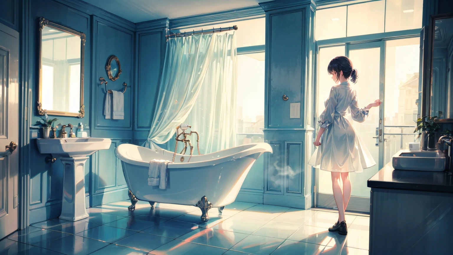 Depict a scene of a beautiful woman, Misaki, standing in front of a bathroom mirror. Misaki is wearing a transparent dress with a texture like thin mist, symbolizing her solitude. The dress feels heavy yet ephemeral. Her expression is sad and introspective as she gazes at her reflection in the mirror. The background is a simple, modern bathroom with soft morning light filtering in and a hint of steam in the air. The mirror faintly reflects an urban landscape.
