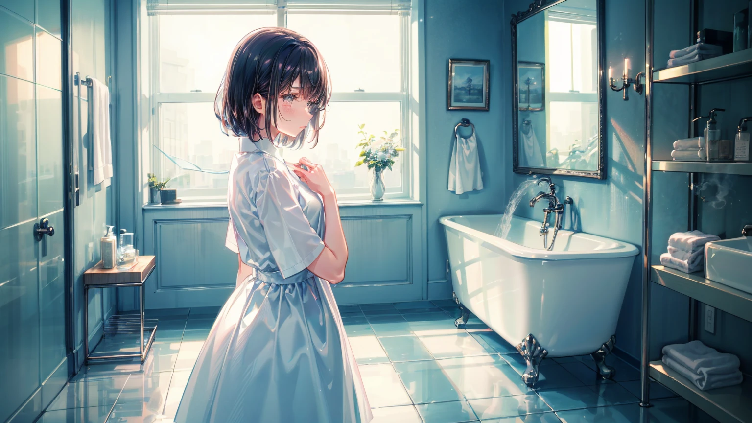 Depict a scene of a beautiful woman, Misaki, standing in front of a bathroom mirror. Misaki is wearing a transparent dress with a texture like thin mist, symbolizing her solitude. The dress feels heavy yet ephemeral. Her expression is sad and introspective as she gazes at her reflection in the mirror. The background is a simple, modern bathroom with soft morning light filtering in and a hint of steam in the air. The mirror faintly reflects an urban landscape.