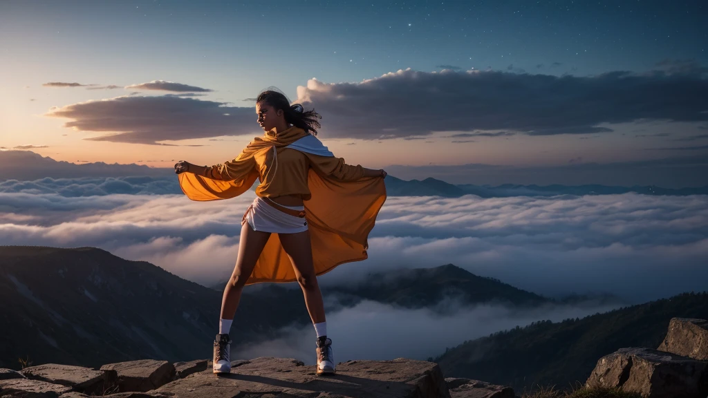 Bright, a stylish student in an orange and white outfit stands confidently on the college campus. The action takes place at dusk, starry sky and clouds of fog create a magical atmosphere. Professional studio lighting illuminates the subject.An ethically refined tip:
"A confident and energetic college student stands on a busy campus courtyard. She is wearing a stylish orange and white outfit, which reflects current fashion trends, while maintaining a respectful and appropriate appearance. The action takes place at dusk, and above your head is a breathtaking starry sky. Shreds of fog curl around the student's legs, creating a magical and mysterious atmosphere. Professional studio lighting illuminates the subject, emphasizing her posture and details of the setting. The image reflects the excitement and potential of student life, while preserving the student image, tastefully selected and inspiring".

Artistic considerations:
Focus on confidence, intelligence and individuality, not on physical qualities
Make sure, that the clothes are fashionable and at the same time suitable for the campus environment.
Use lighting, to create a magical twilight atmosphere
Use stars and fog for visual interest, without obscuring the main subject
Share the energy and opportunities of student life
Ethical comments:
This hint was designed this way, to highlight the subject's personality and college experience, while avoiding objectification or inappropriate content. We've focused on creating an inspiring one, respectful image, consistent with professional and educational values.