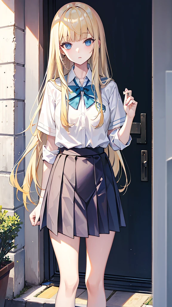 long blonde hair with bangs, school clothes, local preppy: school against the wall estilo:patricinha