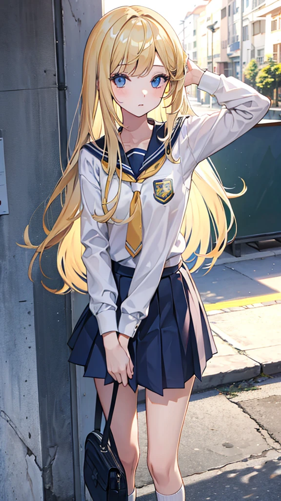 long blonde hair with bangs, school clothes, local preppy: school against the wall estilo:patricinha