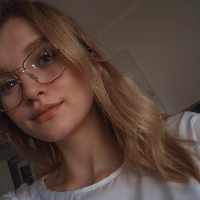 blond woman with glasses and a white shirt taking a selfie, with glasses, 18 year old, girl with glasses, 🤤 Girl portrait, Aleksandra Waliszewska, 1 6 years old, with glasses on, 19-year-old girl, profile pic mit Porträtfoto, wearing glasses, Picture of very, very poor quality, profile pic, very accurate photo