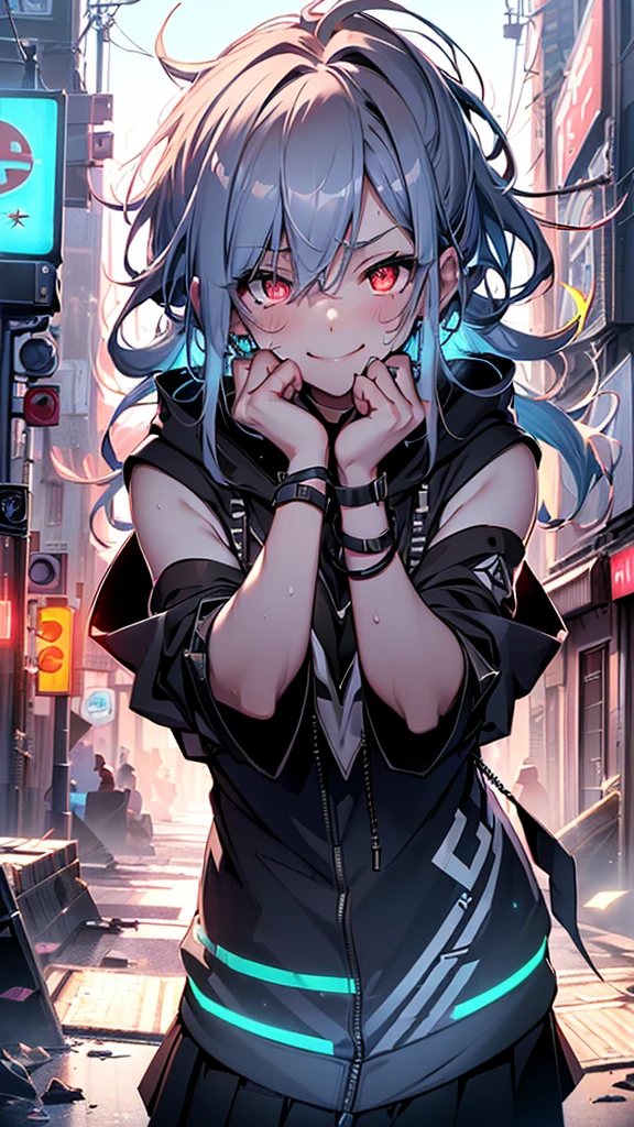 最high quality、Best image quality、masterpiece、girl((18-year-old、 By becoming、Best Bust、Medium Bust,Wide open breast tea、Red glowing eyes,Silver Hair、Disheveled Hair、Long Hair、thin,The highest valley、Open chest、Luminous Wristbands、smile、hair ornaments、luminous necklace、Black sleeveless hoodie(1:2)、Blue short skirt、Angle from directly above、Disheveled clothing、Show the whole body,Low - Angle、Hacker-like、sweating)),high quality、Beautiful art、background((Neon Town、Neon Light))、Flight、Flying debris、Written boundary depth、movie、Visual Arts、Perfect art、8K,Genuine、