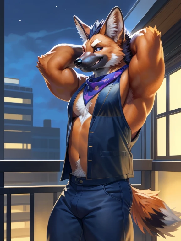 solo, anthro, furry, furry male, maned wolf,((short fur,furry, smooth fur, opaque fur)), (maned wolf black print, black forelegs and forearms), black pupils, white sclera, ginger body, black fur, purple eye, tail, detailed  fur, detailed face, detailed eyes, bare chest, (Jean vest, black neck bandana), balcony, (by null-ghost,by raccoon21, masterpiece, high quality, hi-res, 8k, hd, half-light), standing,close-view portrait, looking at viewer, night, indoors, gentle expression, seductive, flexing, hands behind head, swimmer build maned wolf man, long and thin arms and legs, black nipples, pierced nipples, mid 20s, arrogant, grinning, sharp teeth