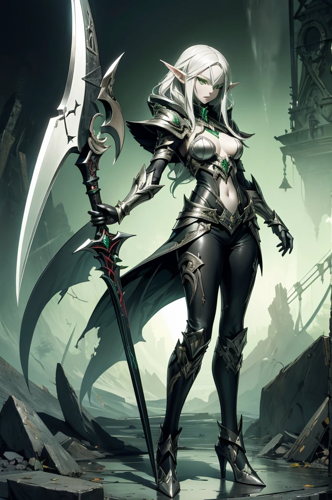 female elf necromancer, silver hair, white skin, emerald eyes, full leather armor, completely full body art, pointy ears, two-handed scythe weapon